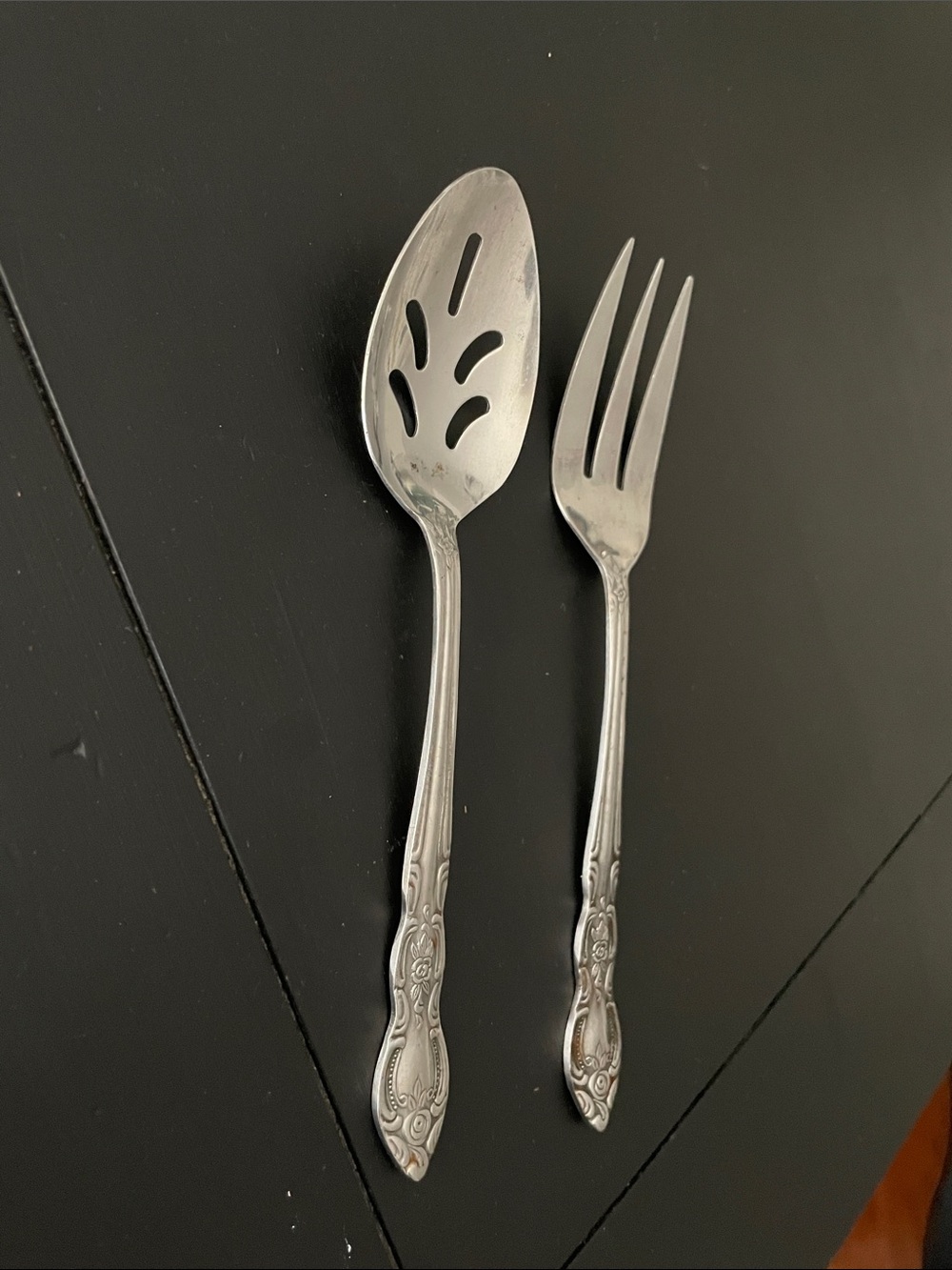 Vintage Set of 2 LUSTREWARE Rose Pattern Serving Fork & Slotted Spoon Set